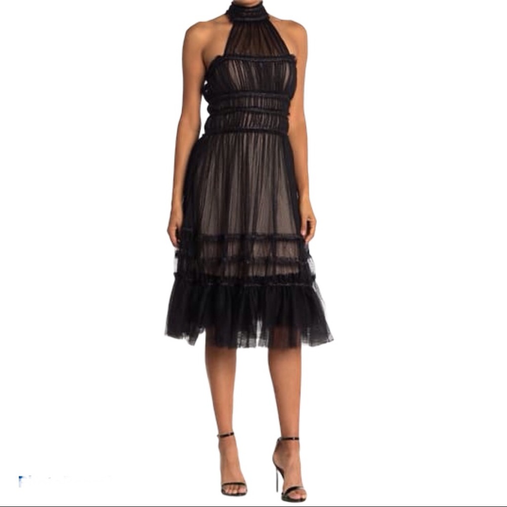 Max Studio  Halter Neck Tiered Mesh Midi Dress